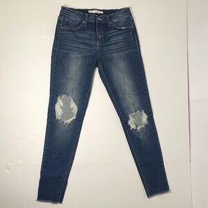 Kancan Jean Womens 7/27 Skinny Ankle Dark Blue Denim Ripped Whiskering Raw Hem